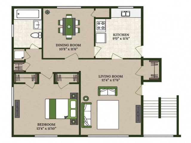 Rendering of the 1 X DEN floor plan with 1 bedroom[s] and 1 bathroom[s] at liveathomestead