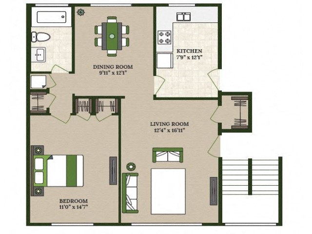 Rendering of the 1 X 1 floor plan with 1 bedroom[s] and 1 bathroom[s] at liveathomestead