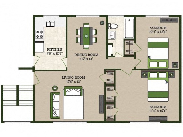 Rendering of the 2 X 1 floor plan with 2 bedroom[s] and 1 bathroom[s] at liveathomestead