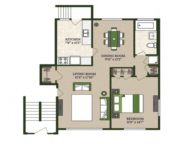 Rendering of the 1 X 1 GARDEN floor plan with 1 bedroom[s] and 1 bathroom[s] at liveathomestead