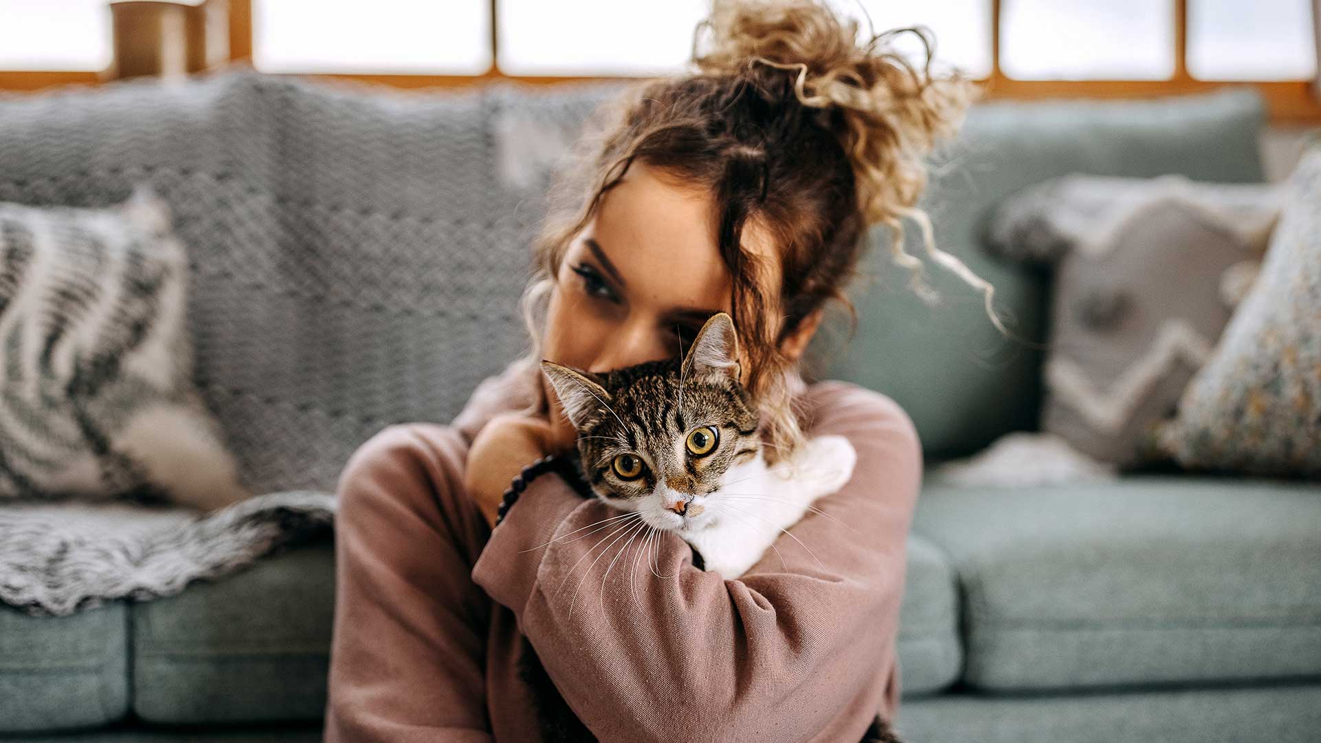 A person with curly hair holds a cat close while sitting on a sofa in a cozy living room.